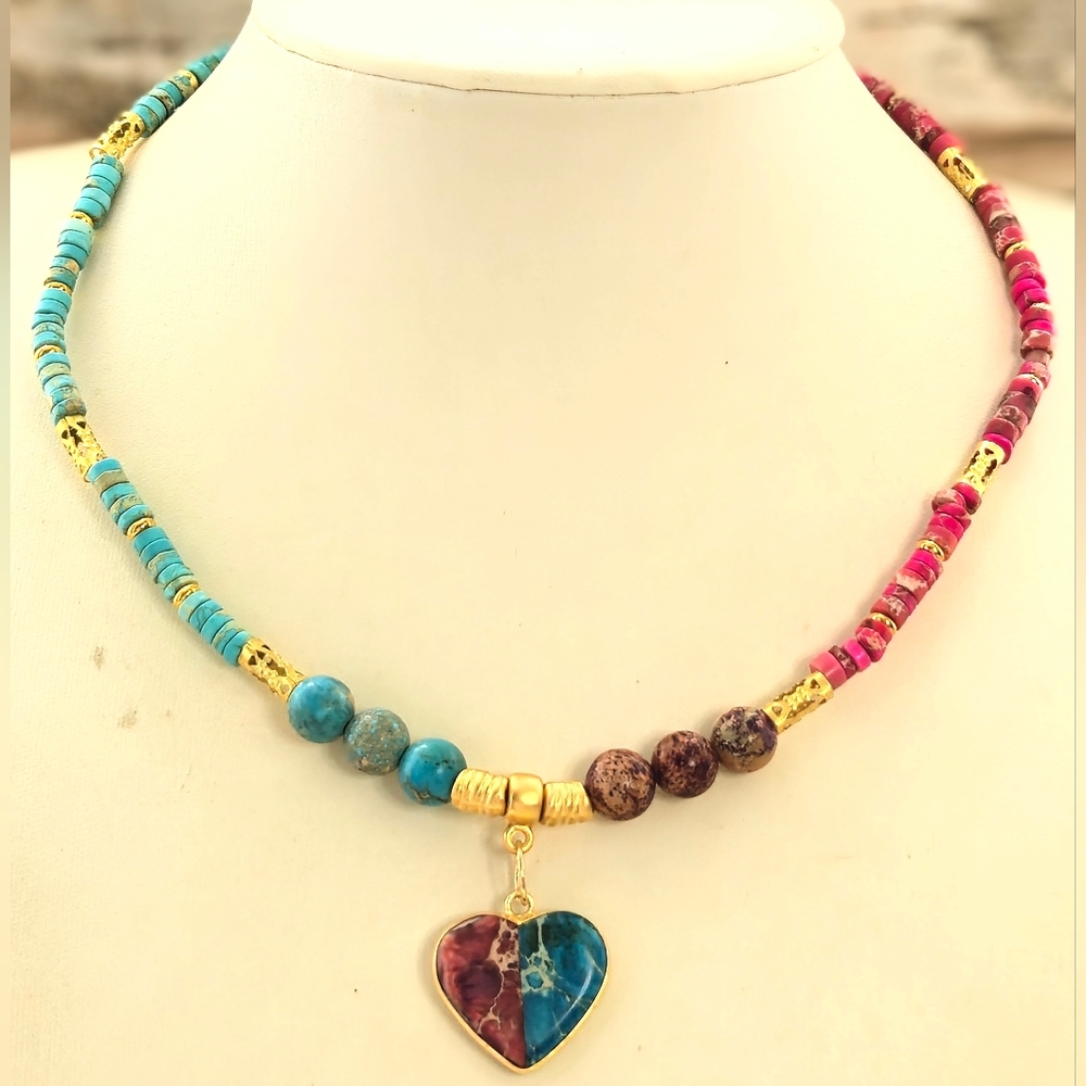 Jasper Sea Sediment Fuchsia & Sky Blue W/ Pendant In Dainty Vibrant Necklace